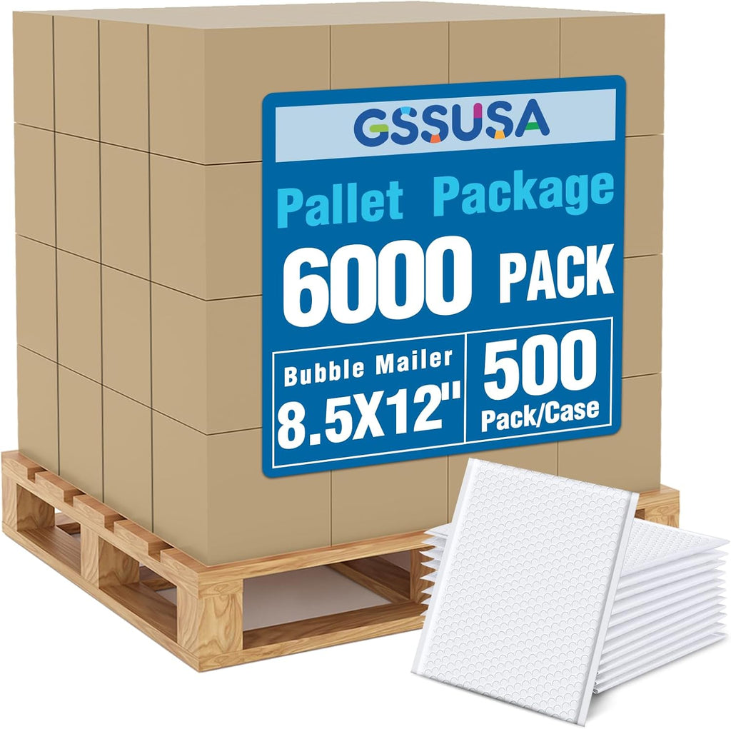 GSSUSA White Bubble Mailers 8.5x12 Padded Envelopes,1 Pallet Pack of 6000 Self-Seal Packaging Bags, Small Business Supplies, Shipping Envelopes, Mailing Bags, Packaging for Small Business